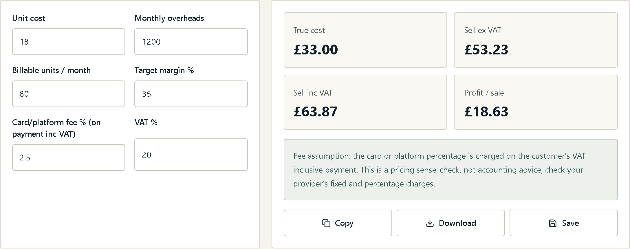 No Fuss Tools cost inputs and calculated selling price using example figures